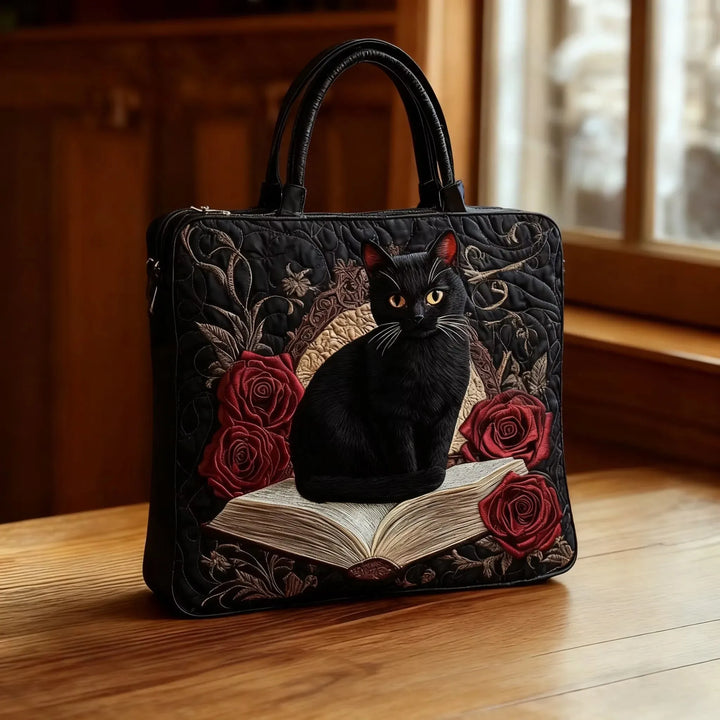 Quilted Tote Bag - Black Cat on Books