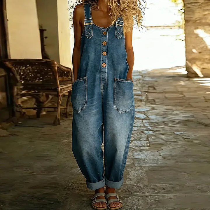Mara - Vintage Soft Cotton Denim-Look Overalls with Adjustable straps