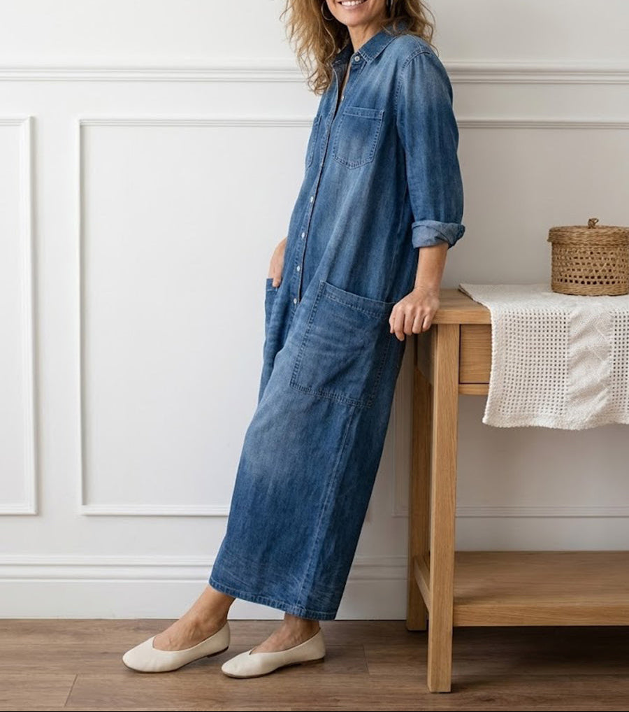 Saylor - Vintage Washed Soft Cotton Denim Jumpsuit with Button Closure