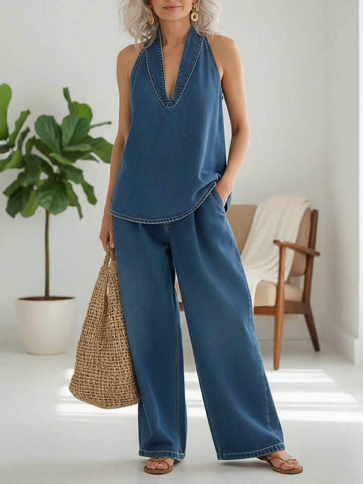 Saylor - Vintage Washed Soft Denim-Look Two-Piece Set