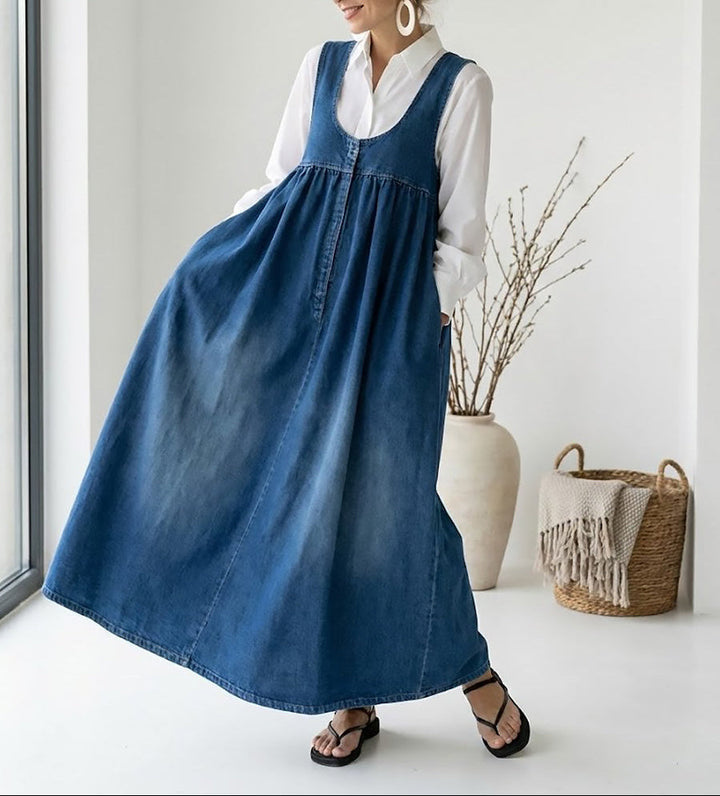 Miranda - Vintage Washed Soft Cotton Feel Denim Maxi Dress